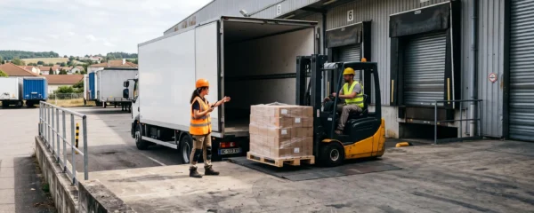 Un cariste décharge des palettes d'un camion sur un quai logistique près de Balma.