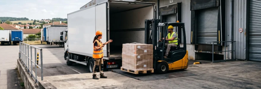 Un cariste décharge des palettes d'un camion sur un quai logistique près de Balma.