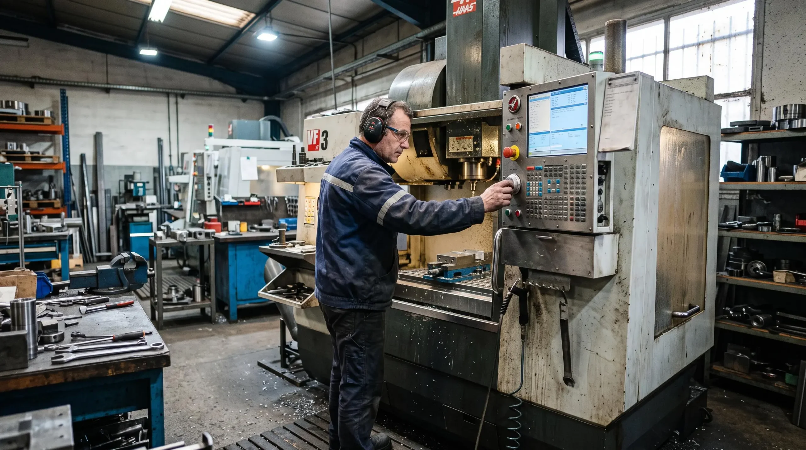 Un opérateur règle une machine-outil dans un atelier industriel de la région toulousaine.