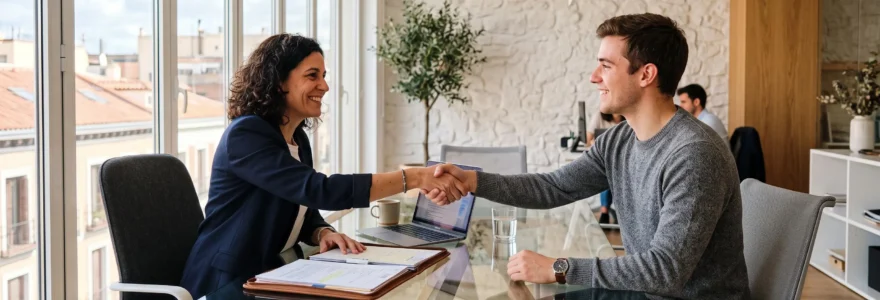 Un recruteur serre la main d'un candidat dans un bureau espagnol lumineux.