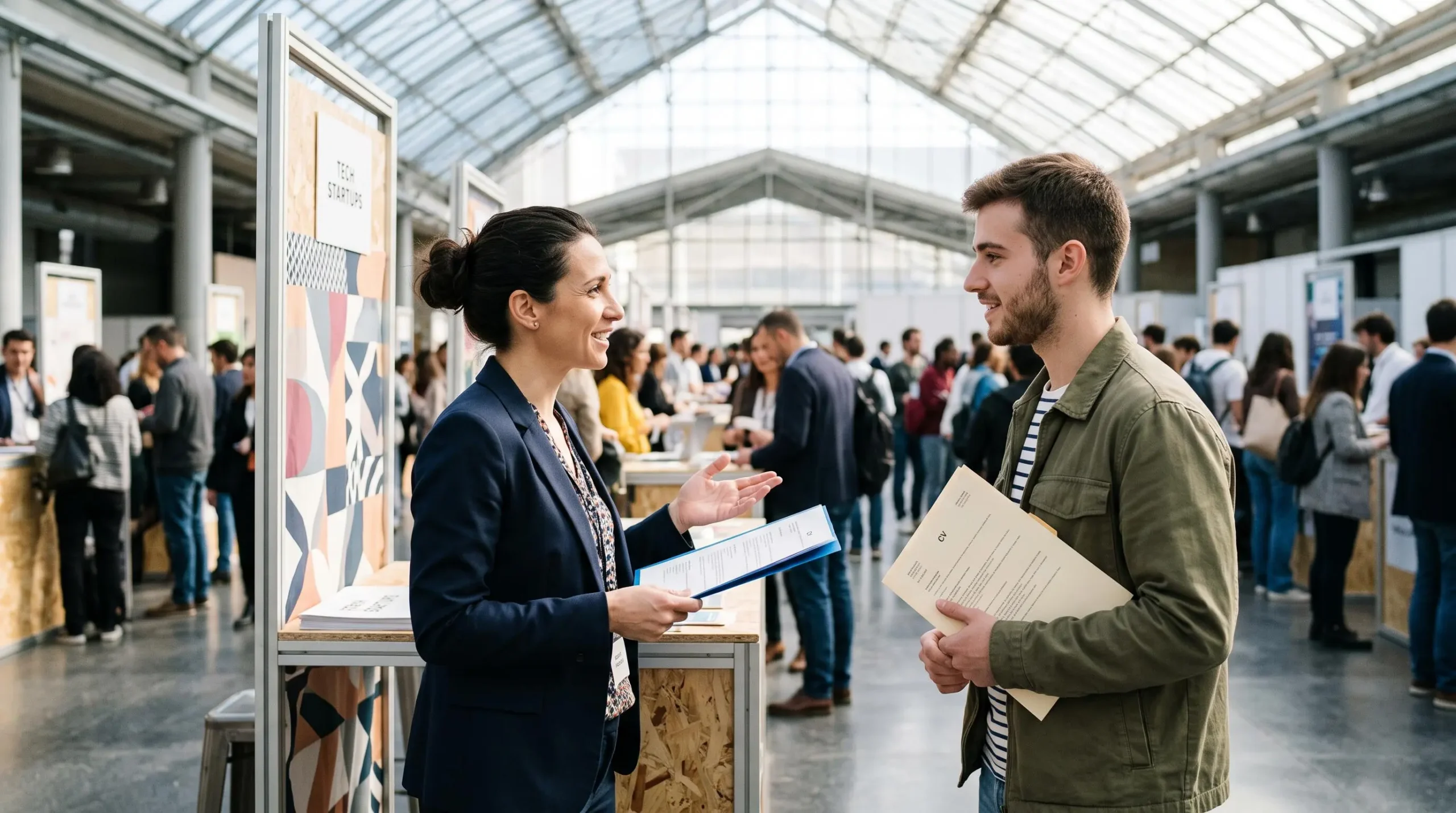 Un recruteur échange avec un candidat porteur d'un CV lors d'un salon de l'emploi.