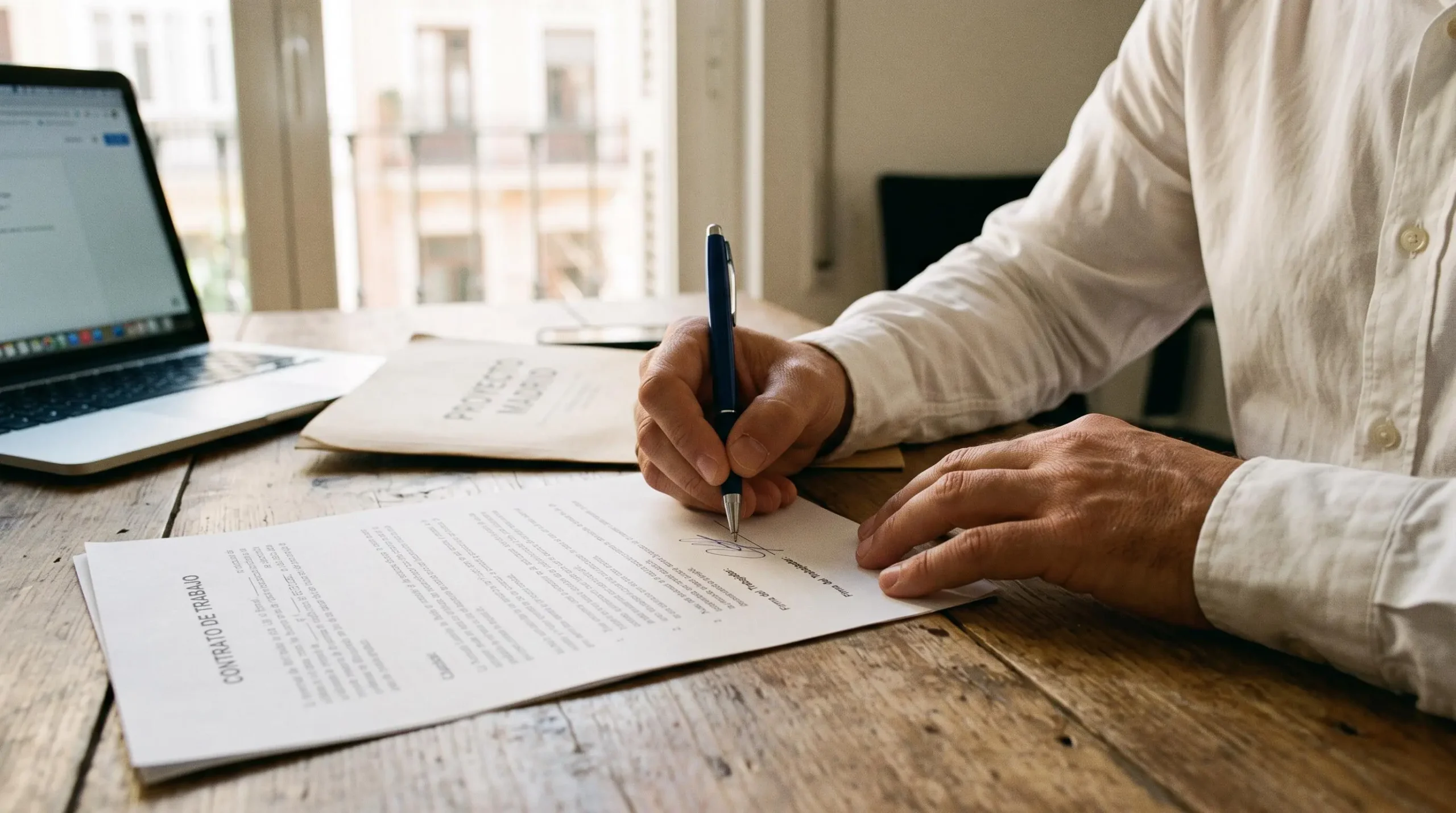 Une personne signe un contrat de travail posé sur un bureau.